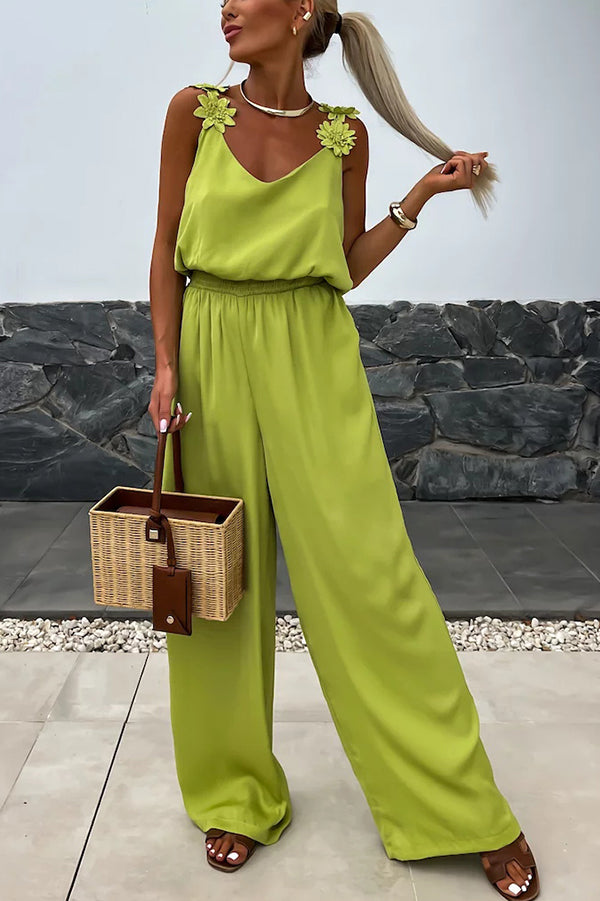 Arie | Solid Color Embroidered Flower Suspenders Casual Loose Jumpsuit