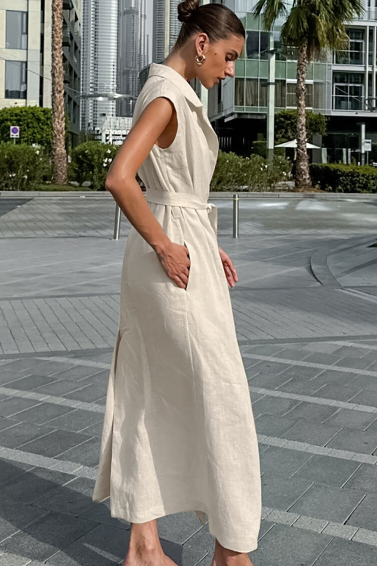 Alouette | Linen Cotton High Waist Slit Tie Maxi Dress