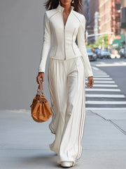 Mila | White Stand Collar Zipper Wide Leg Pants Set
