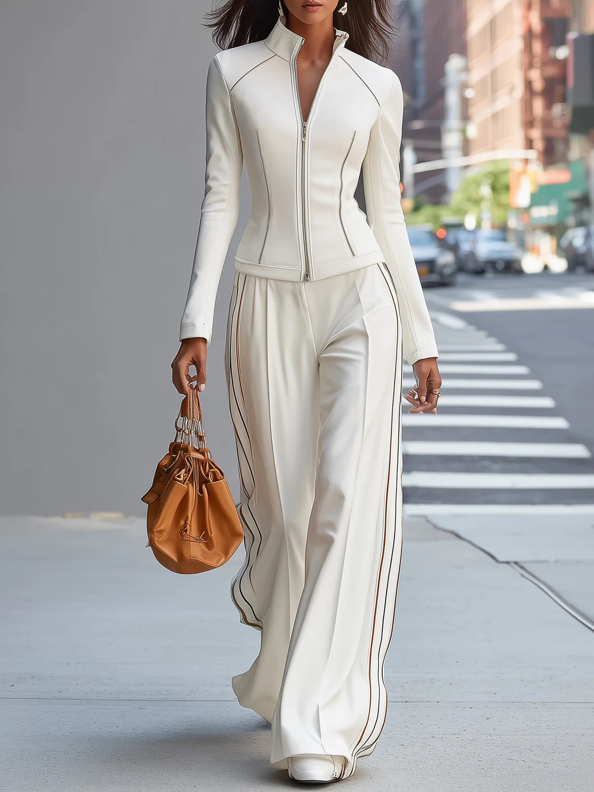 Mila | White Stand Collar Zipper Wide Leg Pants Set