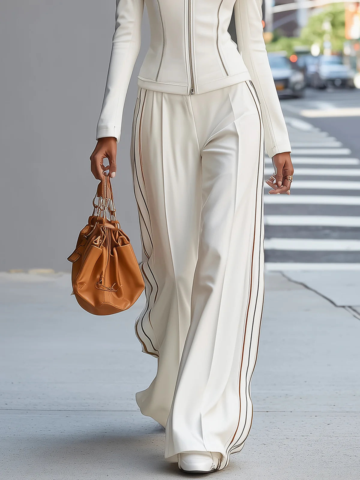 Mila | White Stand Collar Zipper Wide Leg Pants Set
