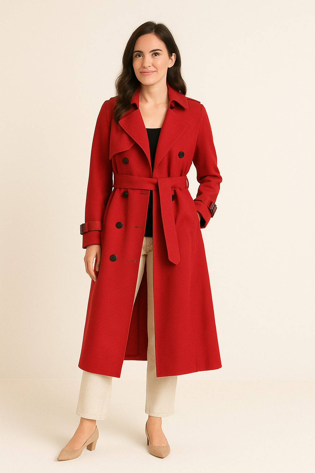 HERBERGER | Elegant Women's Long Trench Coat with Belt and Button Placket