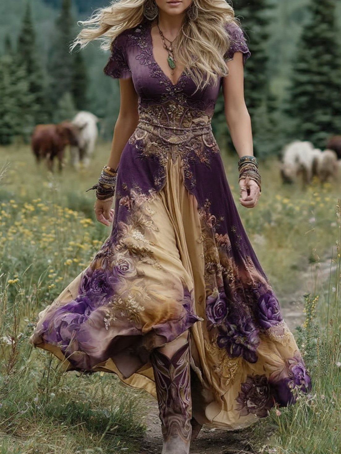 Marcina Elegant Maxi Dress with Floral Tones