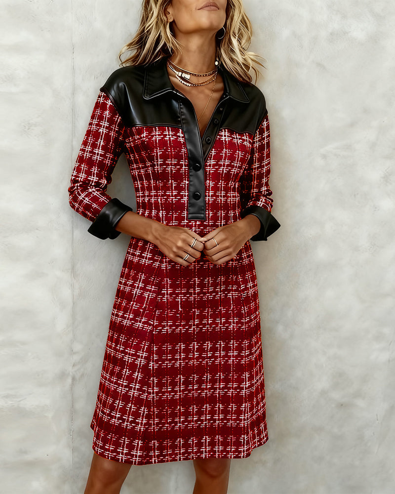 Cllaette | Long Sleeve Patchwork and Houndstooth Dress