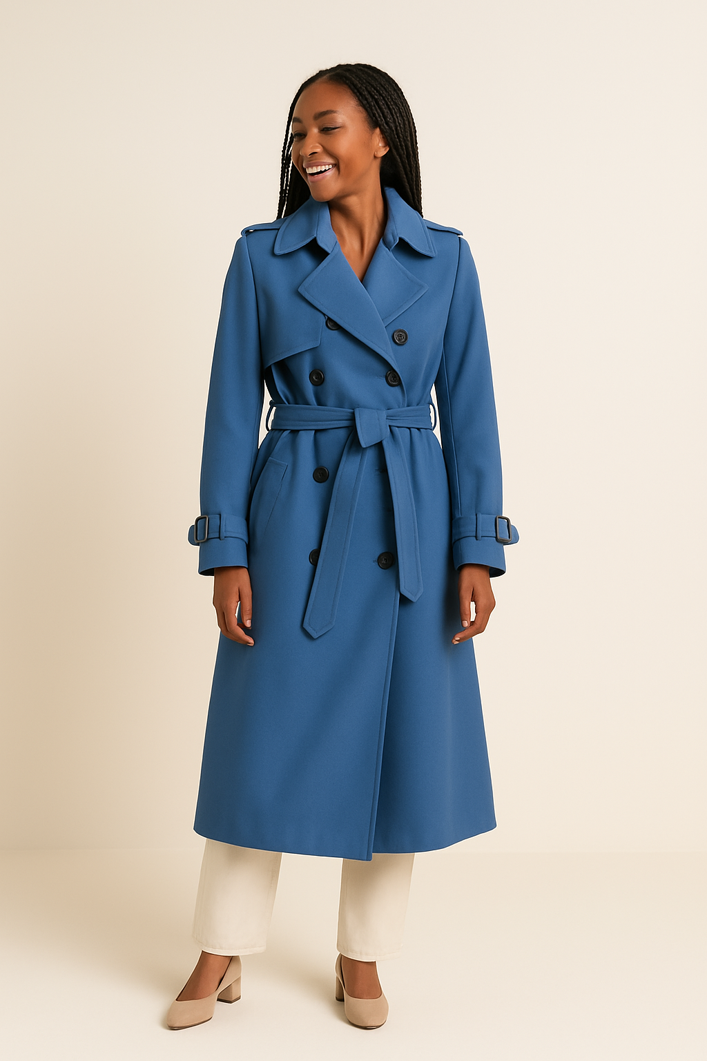 HERBERGER | Elegant Women's Long Trench Coat with Belt and Button Placket