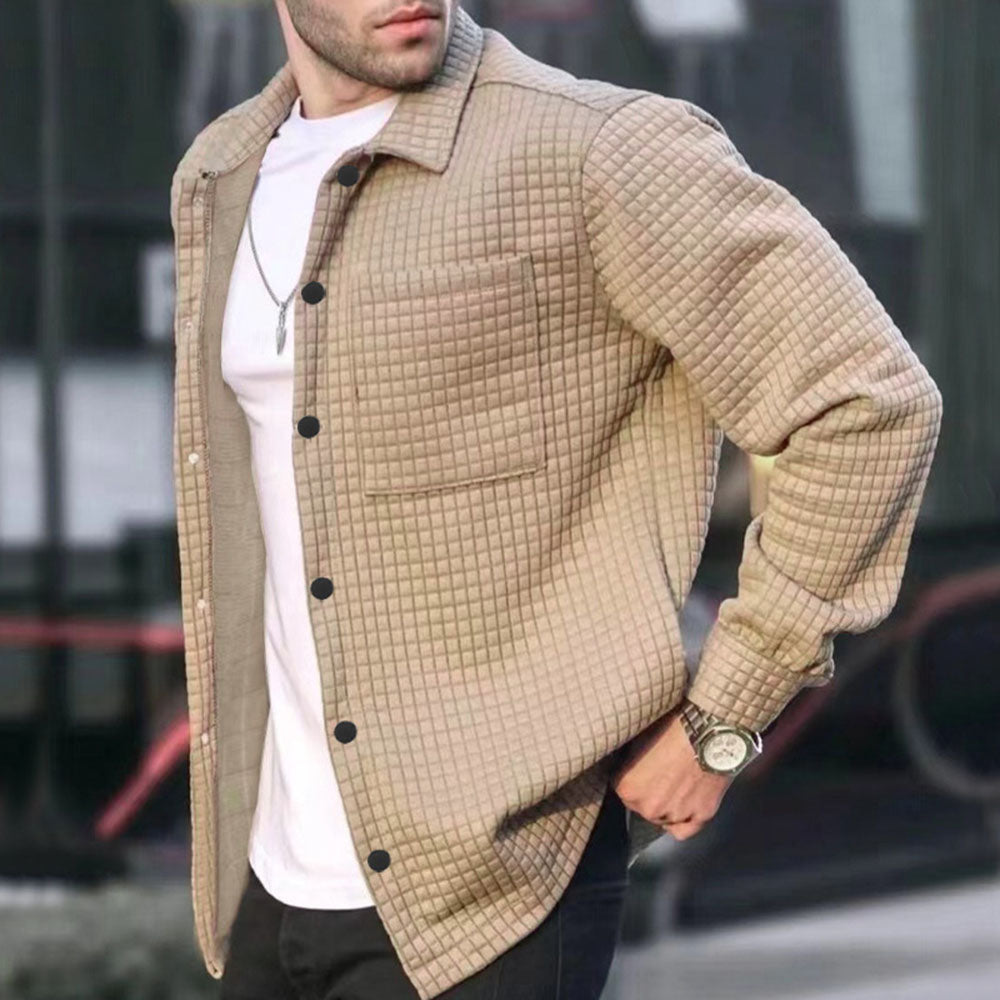 Elian | Retro Waffle Textured Turndown Collar Button Up Solid Long Sleeve Jacket