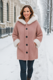 Nodia – Knitted Coat with Hood and Faux Fur Trim