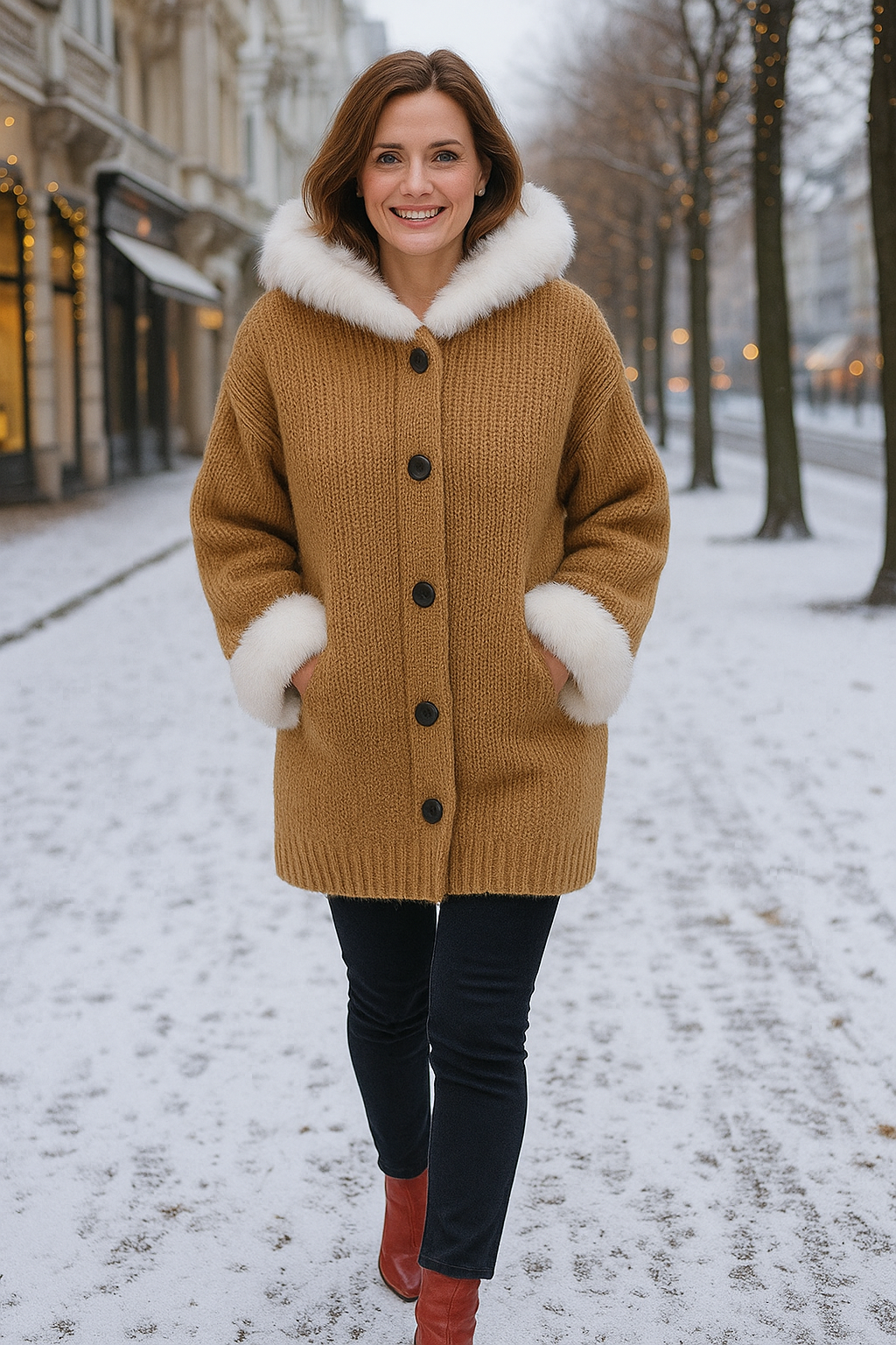 Nodia – Knitted Coat with Hood and Faux Fur Trim