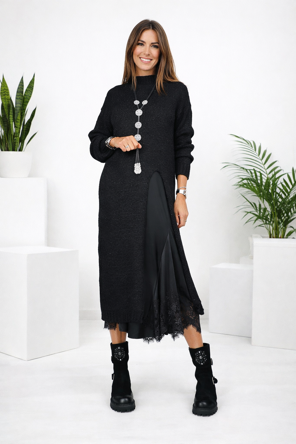 Valérie | Satin Maxi Dress & Fine Knit Sweater Set