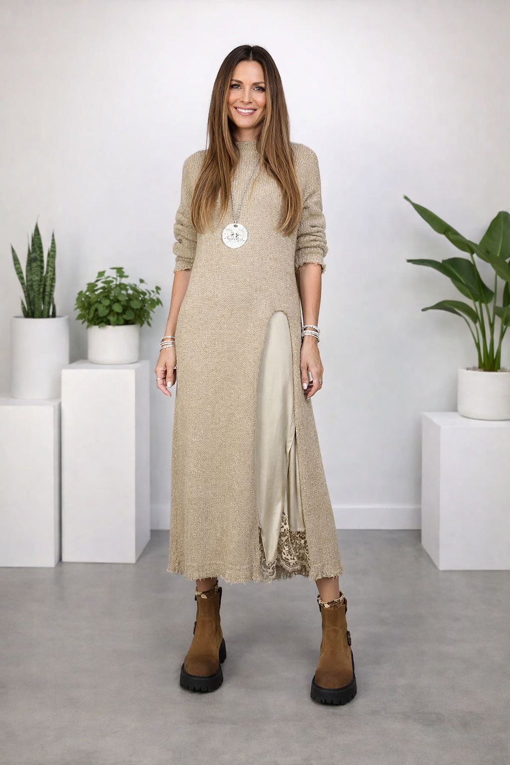 Valérie | Satin Maxi Dress & Fine Knit Sweater Set