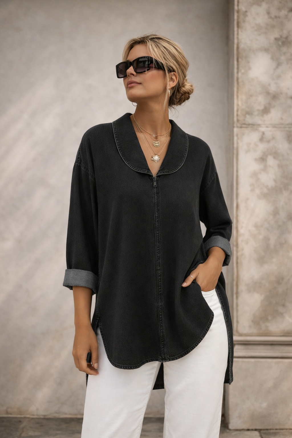 Ava | Retro Denim Top with Shawl Collar