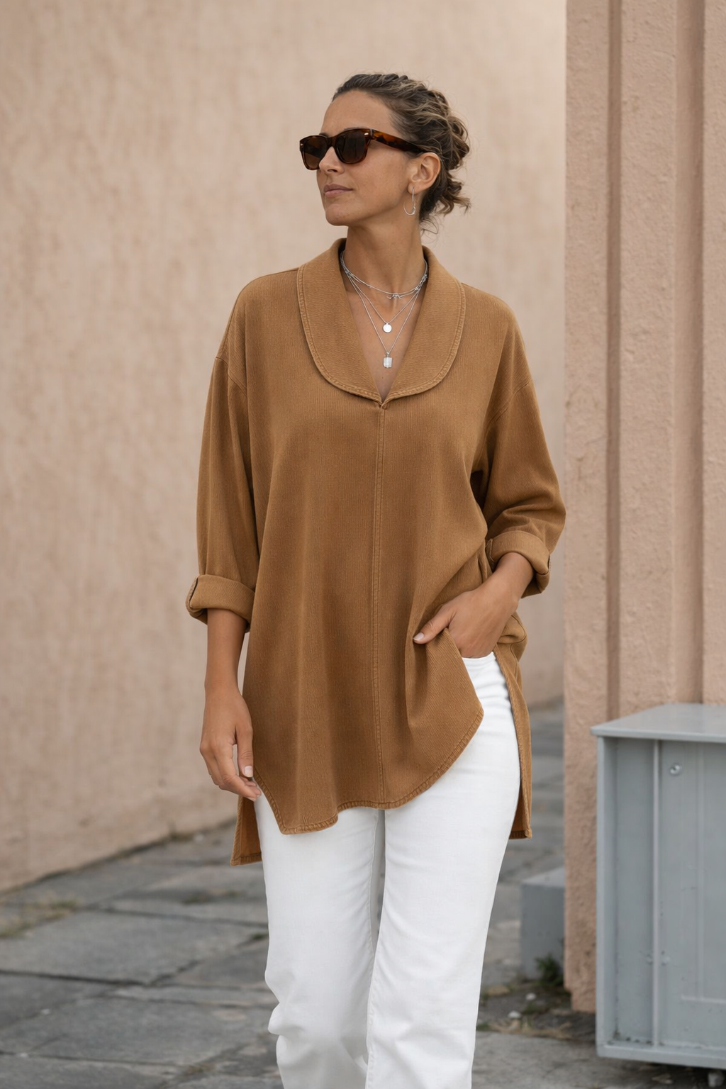 Ava | Retro Denim Top with Shawl Collar