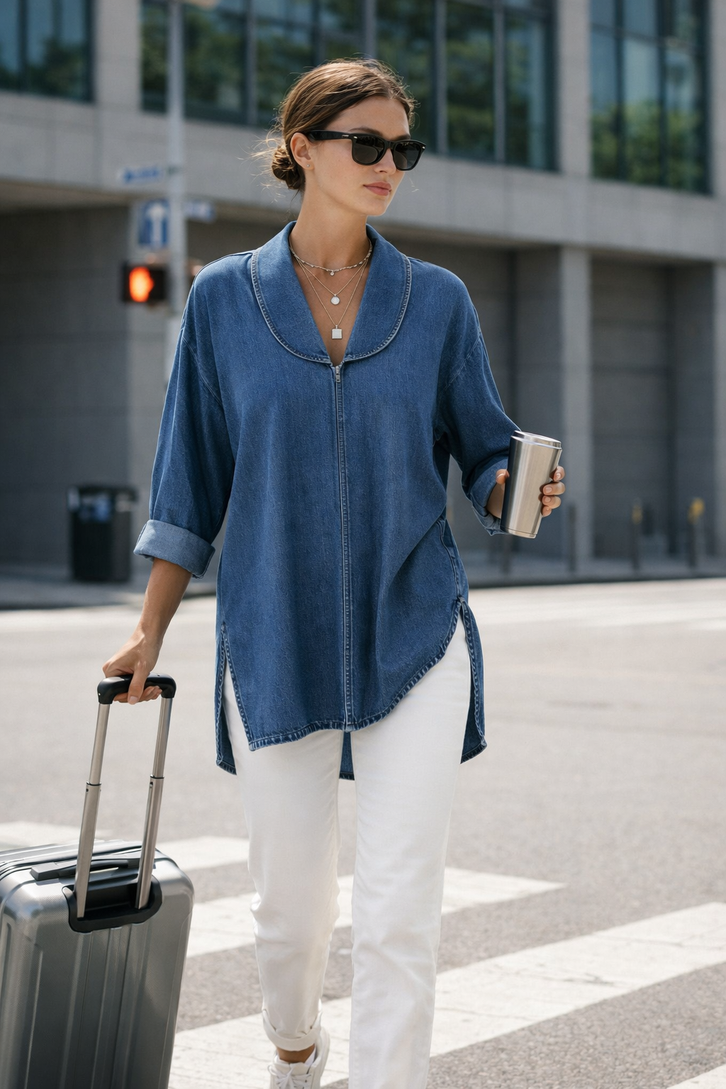 Ava | Retro Denim Top with Shawl Collar