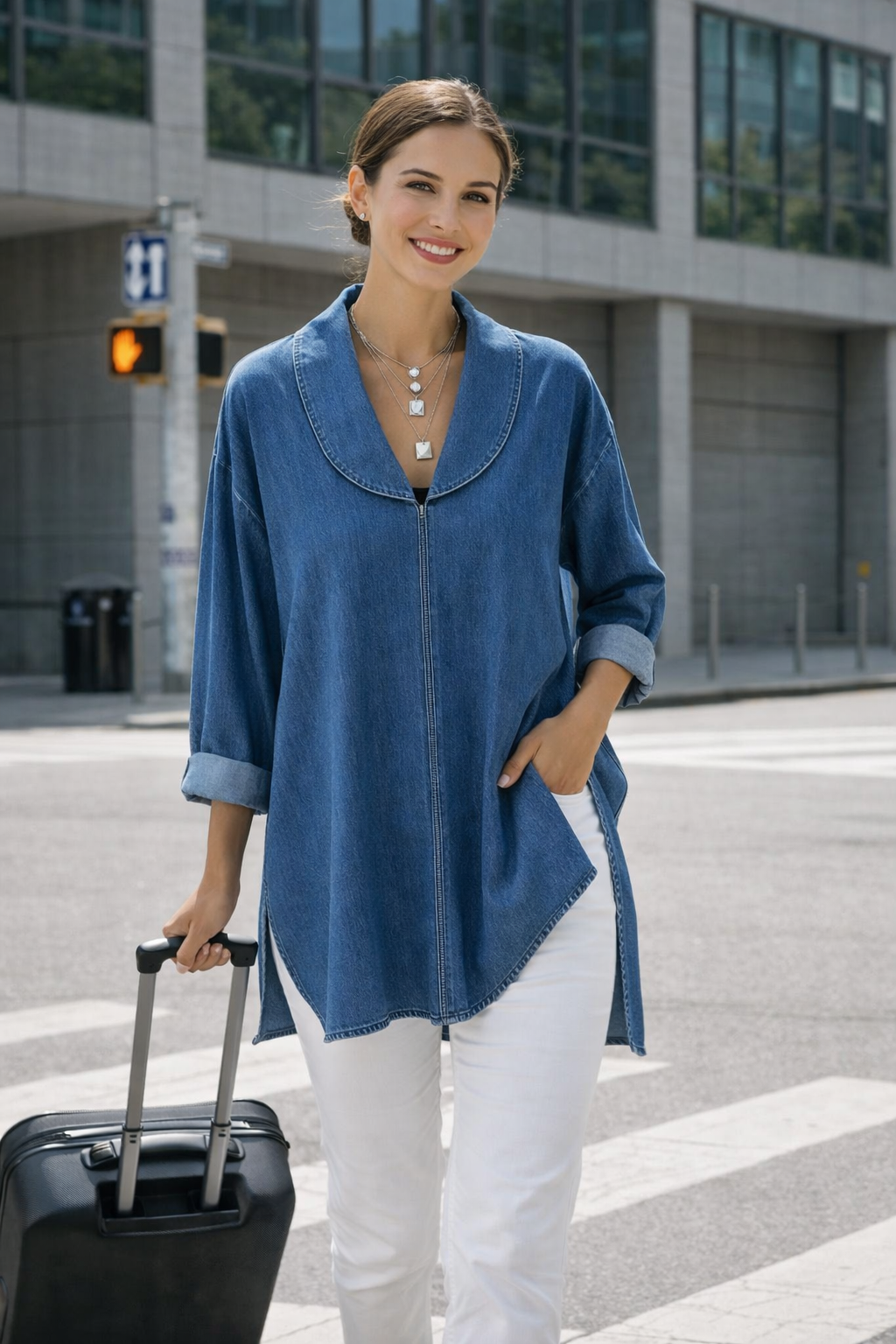 Ava | Retro Denim Top with Shawl Collar