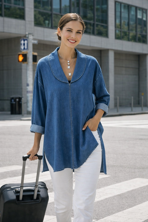 Ava | Retro Denim Top with Shawl Collar