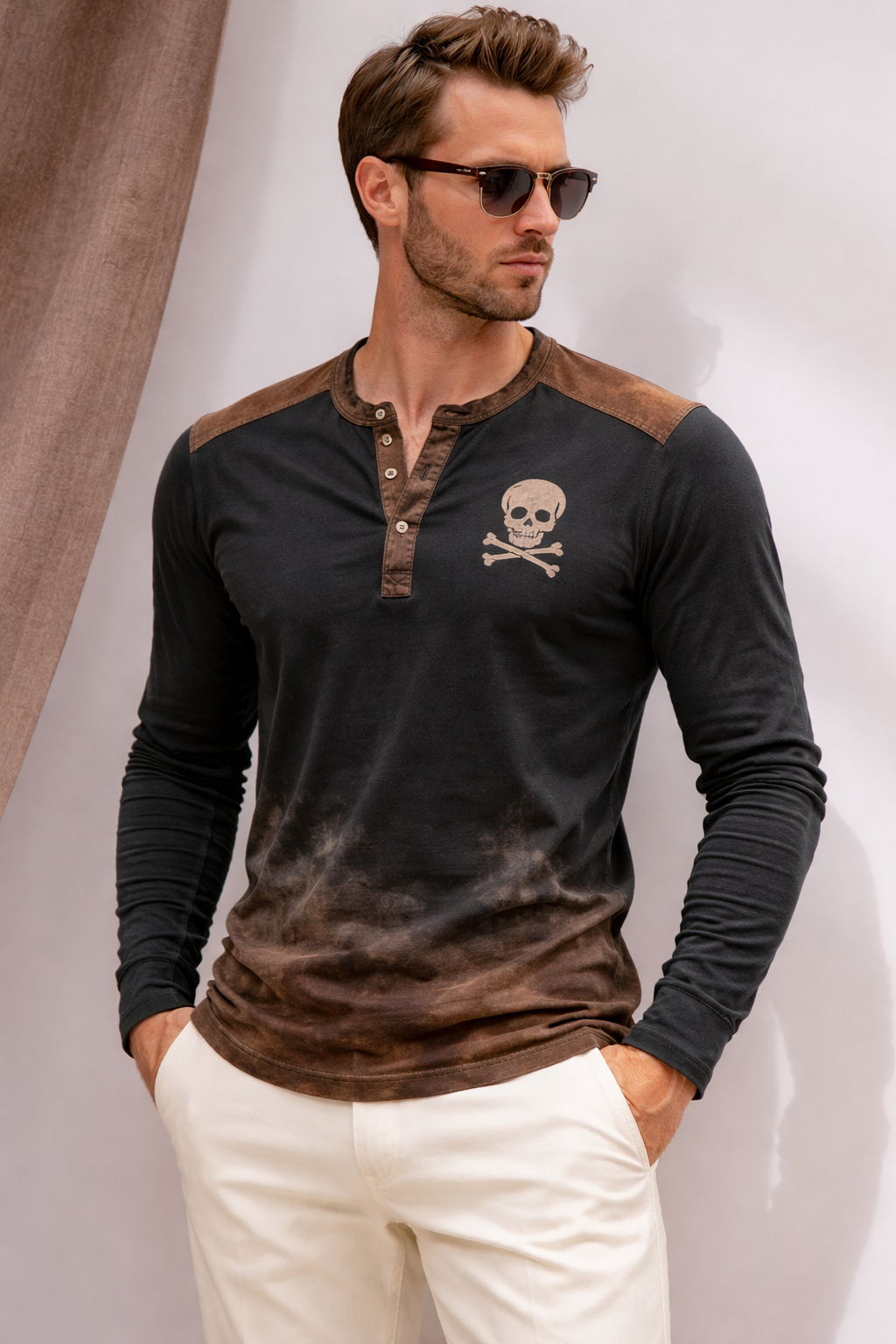 Casual Henley Long Sleeve T-Shirt with Pattern