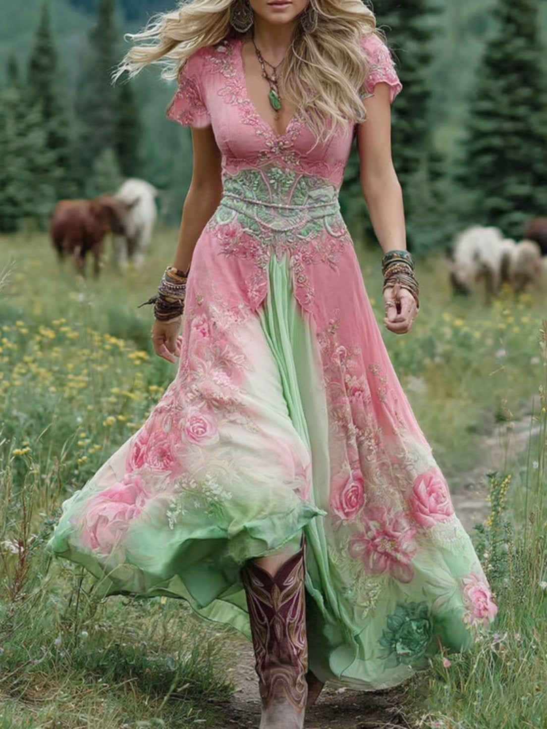 Marcina Elegant Maxi Dress with Floral Tones