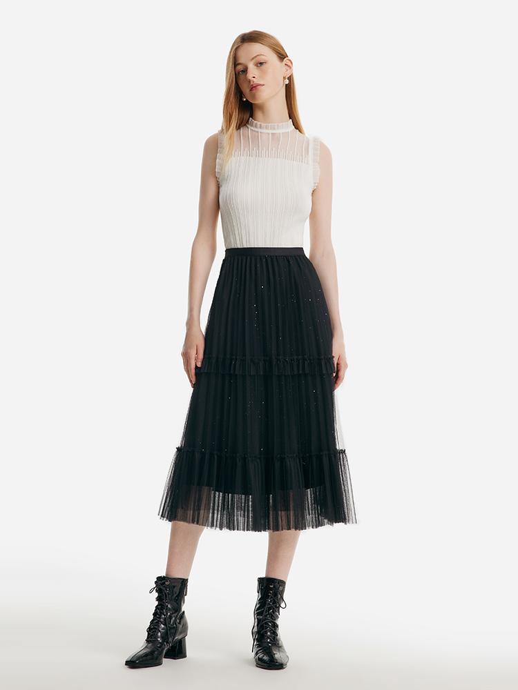 Women's Top with Ruffles Made of Tencel and Wool