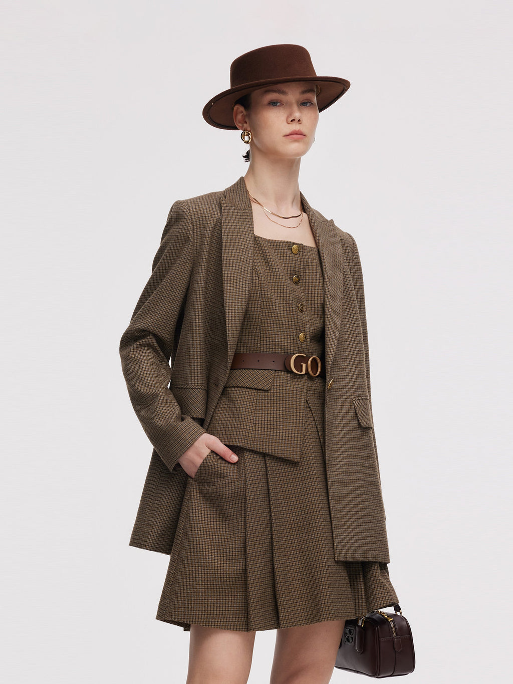 Women's Jacket with Check Pattern and Cut-Out Collar