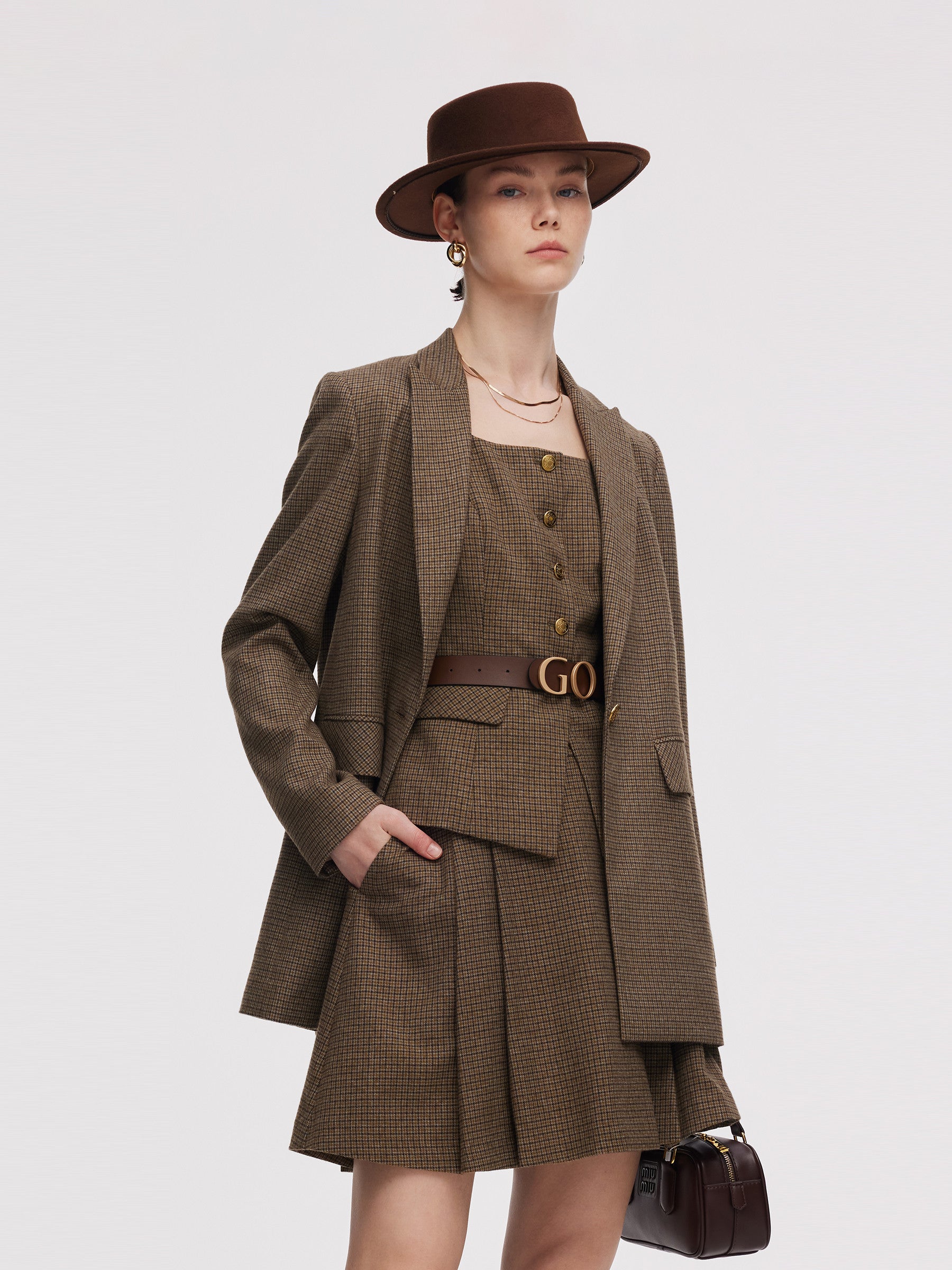 Women's Jacket with Check Pattern and Cut-Out Collar