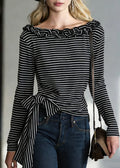 Chic Black Striped Tie Waist T Shirts Spring