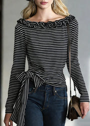 Chic Black Striped Tie Waist T Shirts Spring