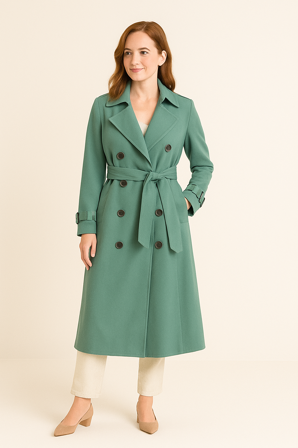 HERBERGER | Elegant Women's Long Trench Coat with Belt and Button Placket