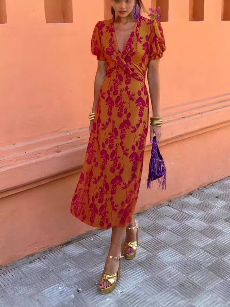 Dress with Slit and Floral Pattern