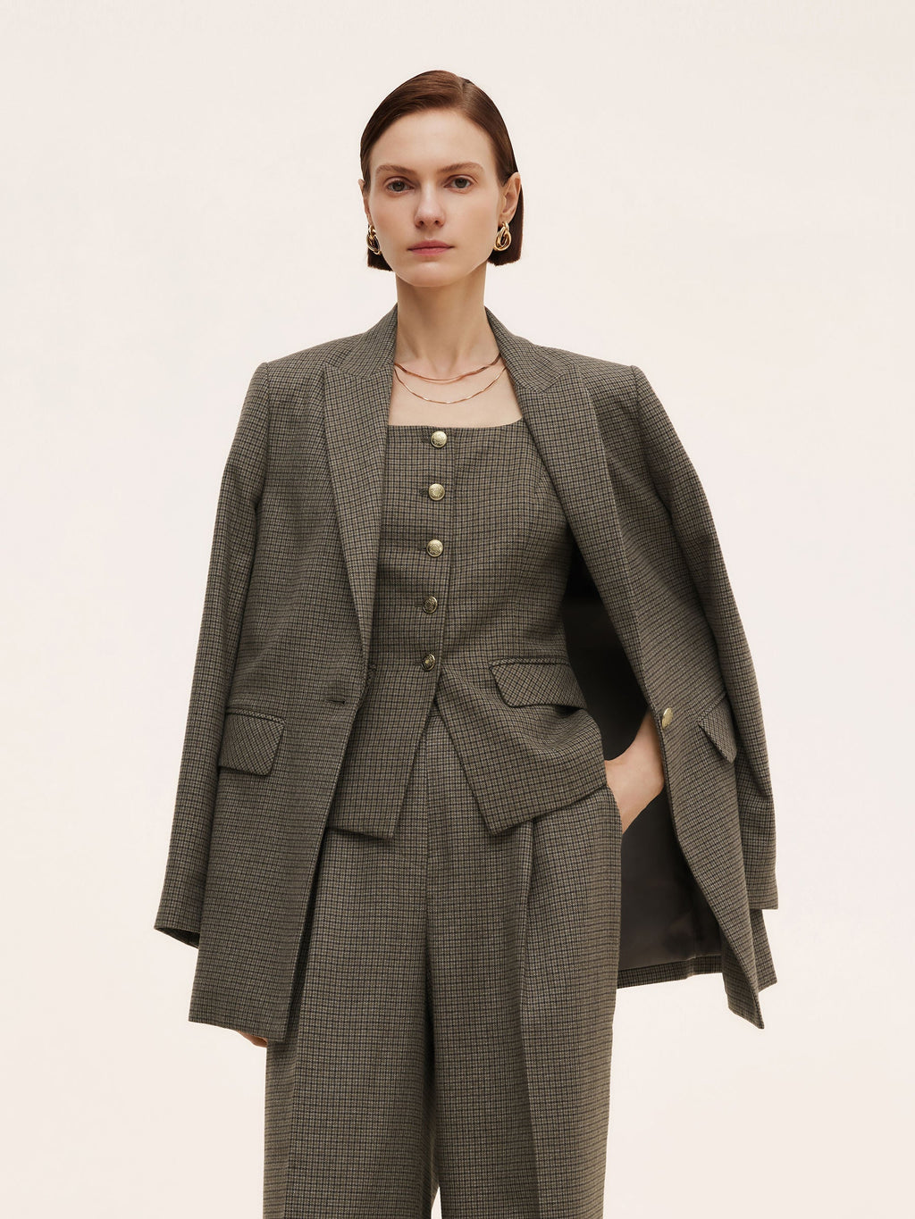 Women's Jacket with Check Pattern and Cut-Out Collar