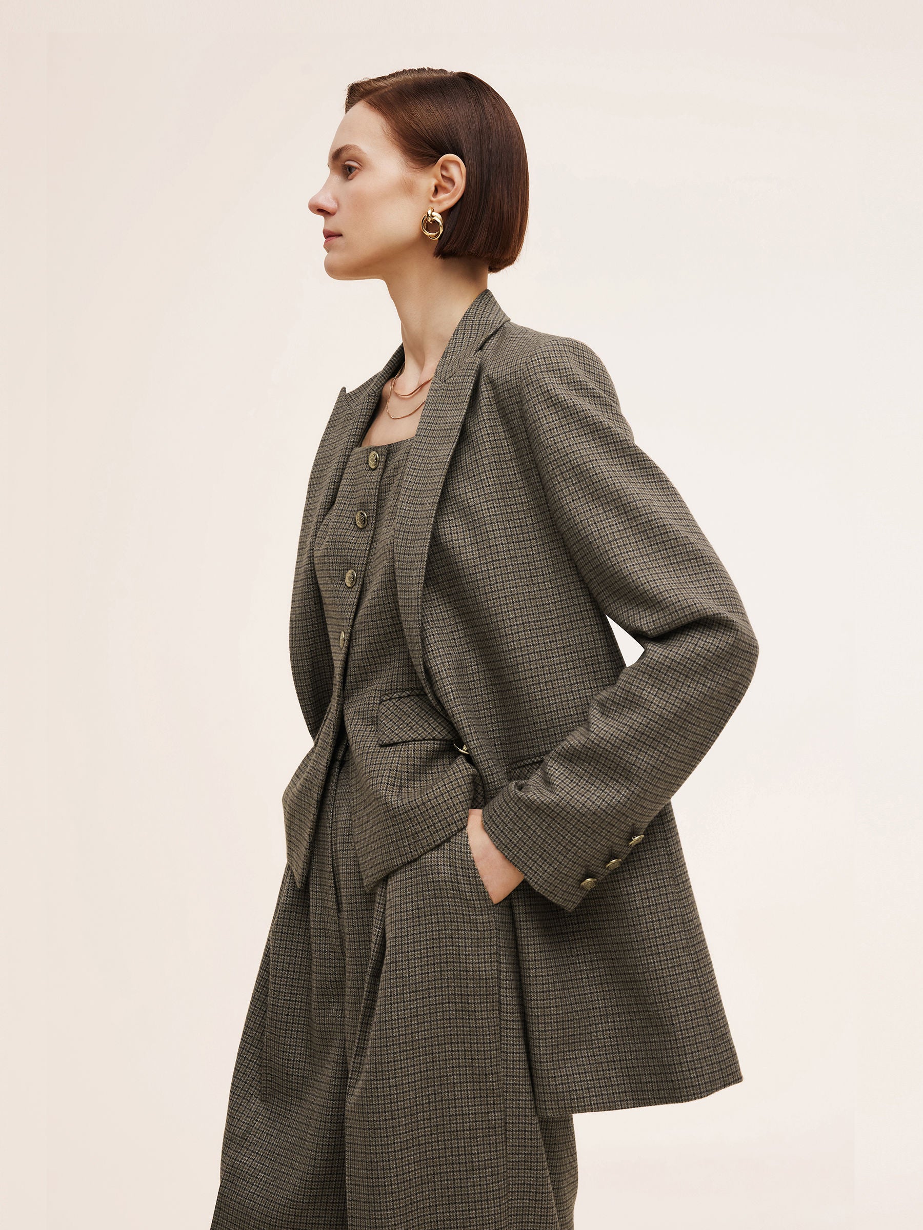 Women's Jacket with Check Pattern and Cut-Out Collar