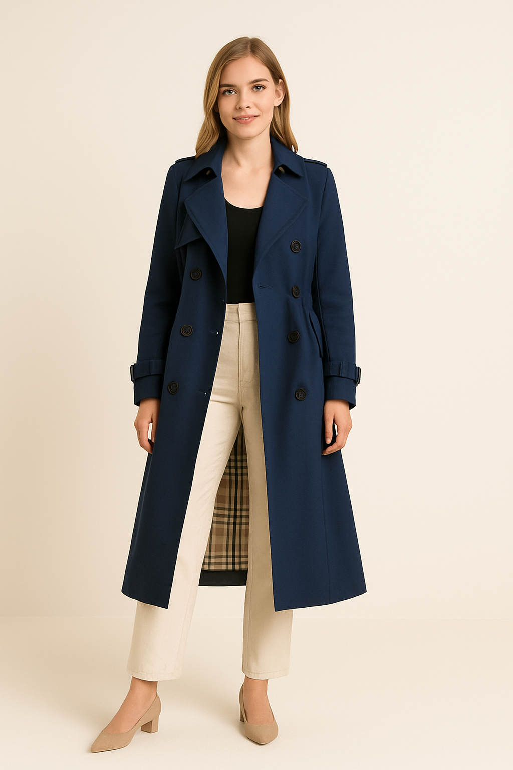 HERBERGER | Elegant Women's Long Trench Coat with Belt and Button Placket
