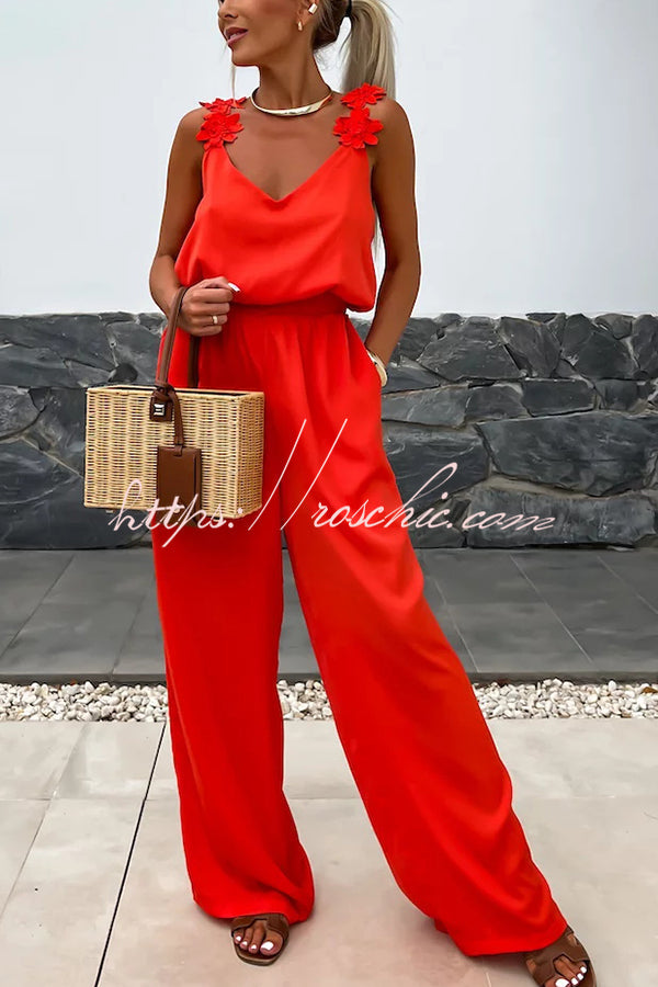 Arie | Solid Color Embroidered Flower Suspenders Casual Loose Jumpsuit