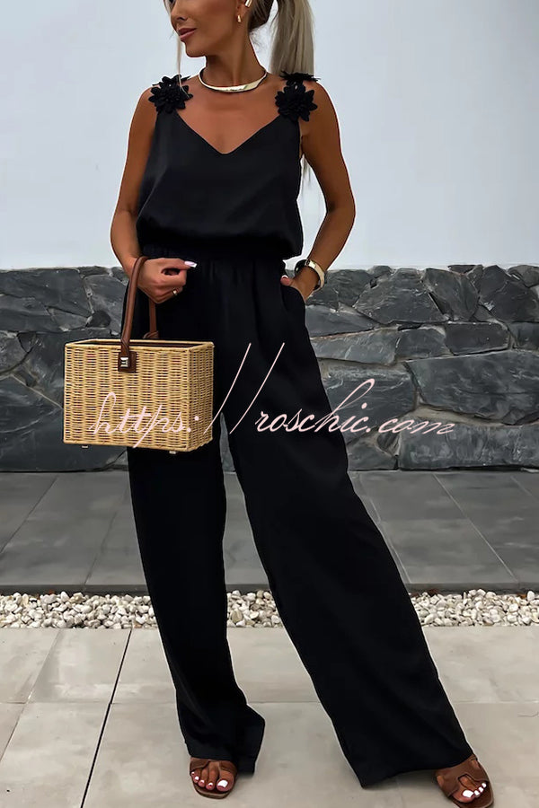 Arie | Solid Color Embroidered Flower Suspenders Casual Loose Jumpsuit