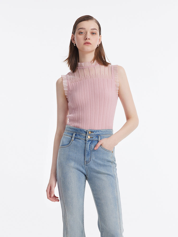 Women's Top with Ruffles Made of Tencel and Wool