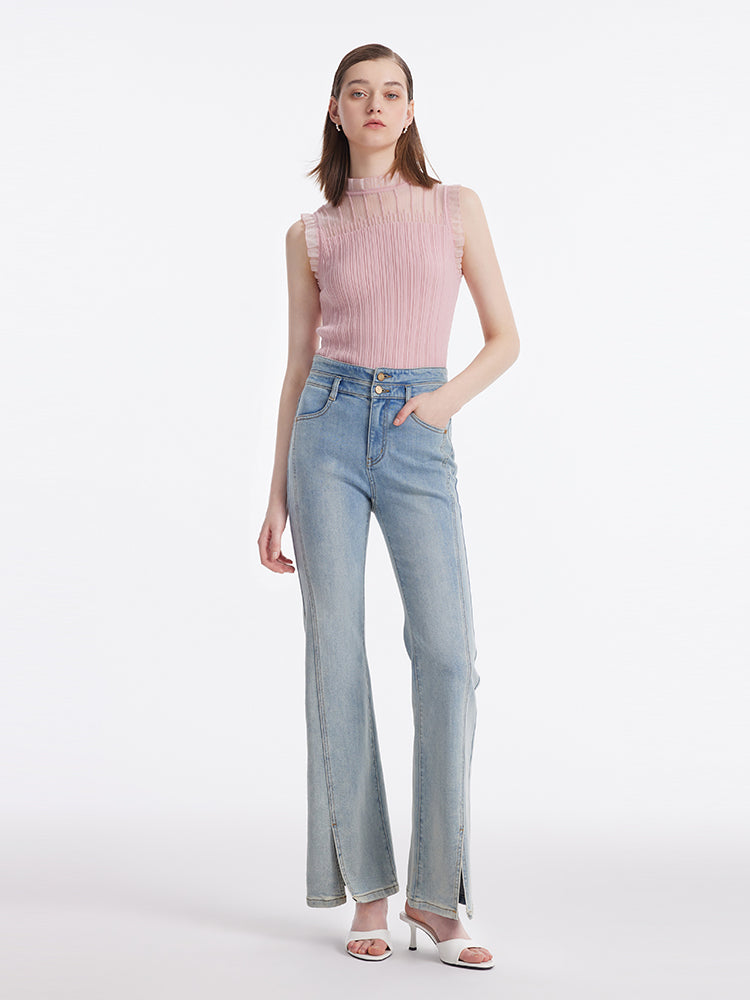 Women's Top with Ruffles Made of Tencel and Wool