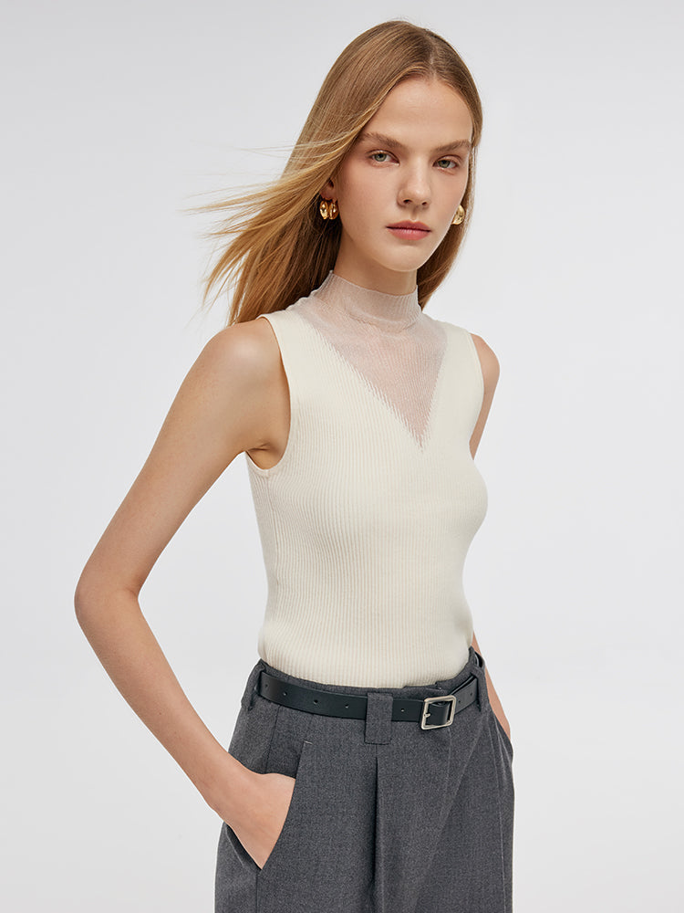 Patchwork Mock Neck Women's Knitted Sleeveless Top