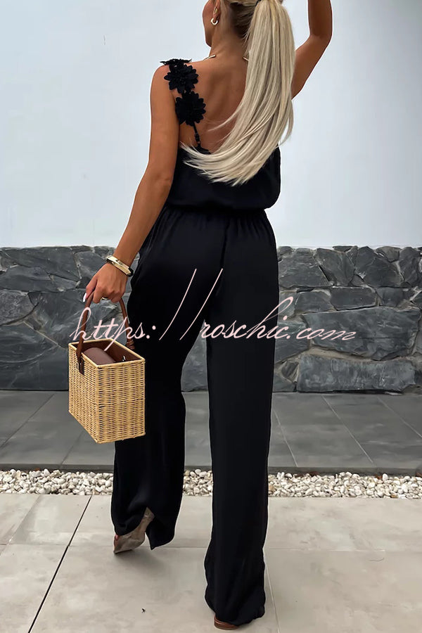 Arie | Solid Color Embroidered Flower Suspenders Casual Loose Jumpsuit