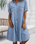 Sveta Short-Sleeved Denim Dress with Button Placket