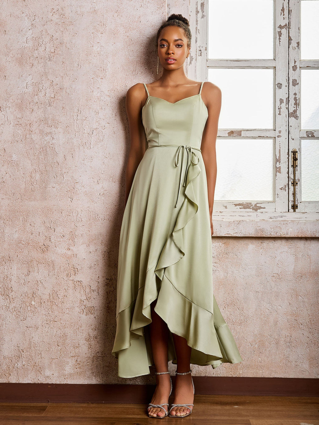 Sofia | Spaghetti Straps Asymmetrical Soft Satin Dresses Dusty Sage