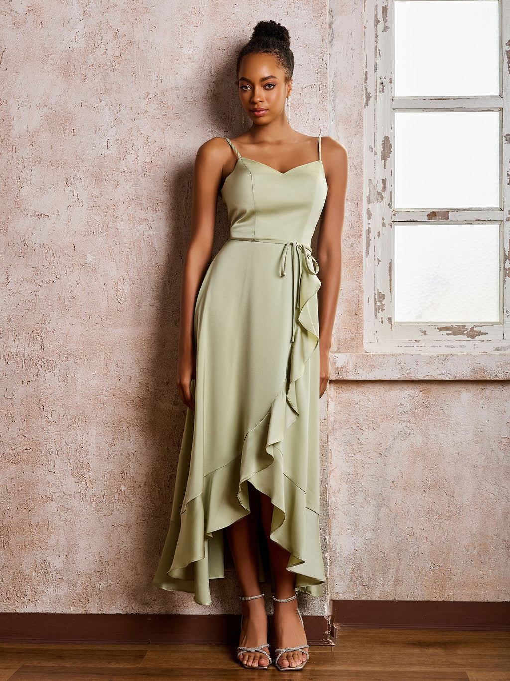 Sofia | Spaghetti Straps Asymmetrical Soft Satin Dresses Dusty Sage