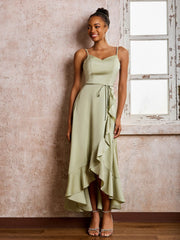 Elegant Asymmetrical Satin Dress with Belt – Evening Dress / Formal