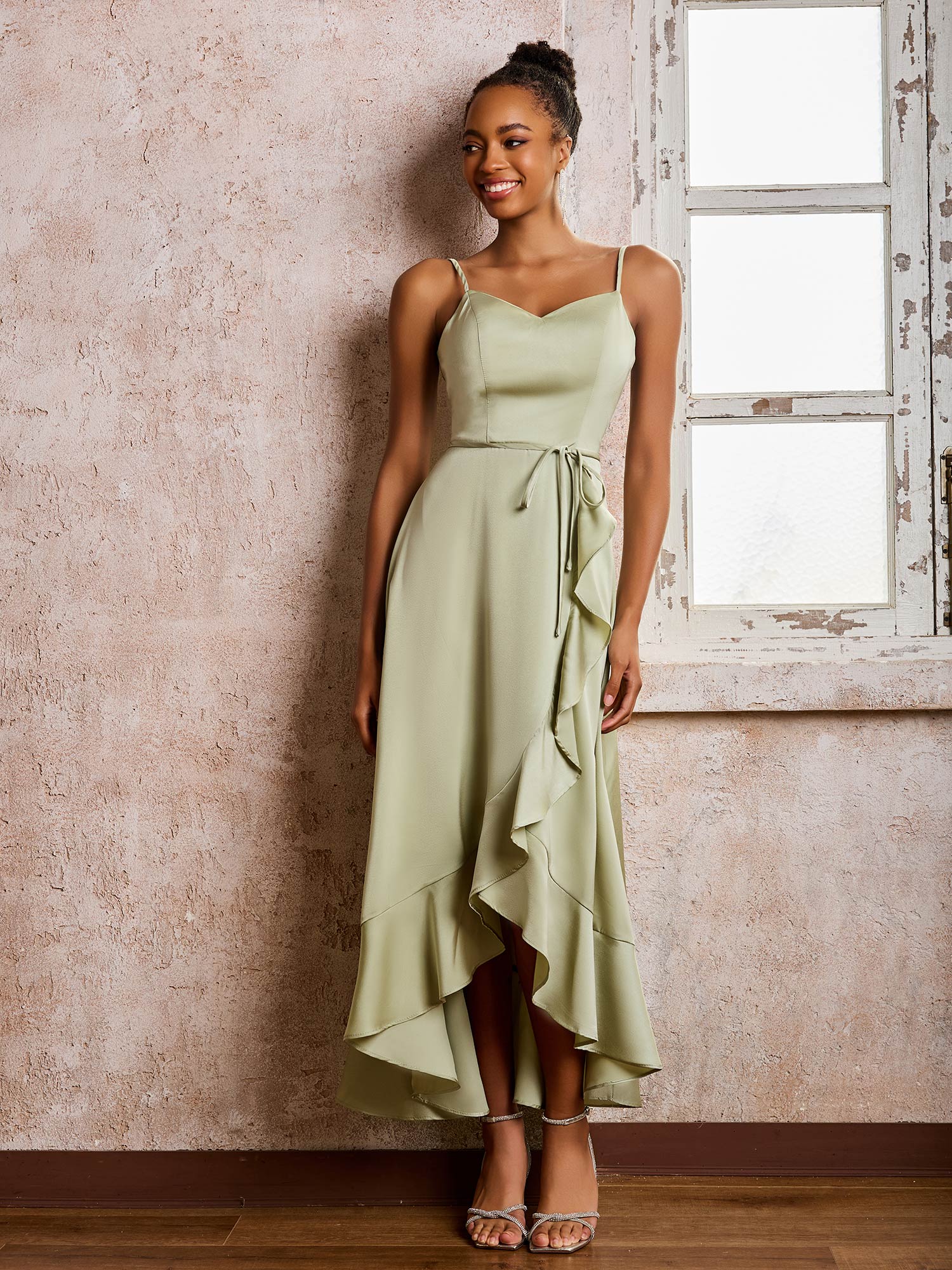 Elegant Asymmetrical Satin Dress with Belt – Evening Dress / Formal