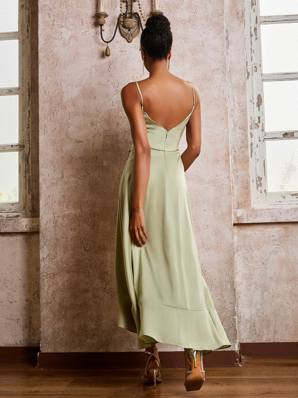 Sofia | Spaghetti Straps Asymmetrical Soft Satin Dresses Dusty Sage