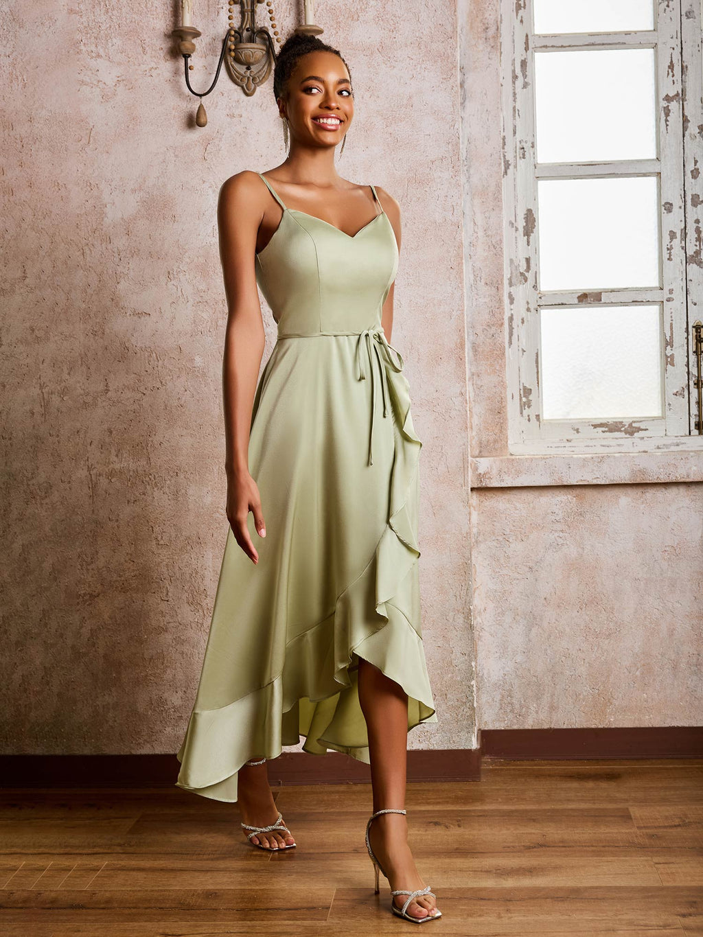 Sofia | Spaghetti Straps Asymmetrical Soft Satin Dresses Dusty Sage