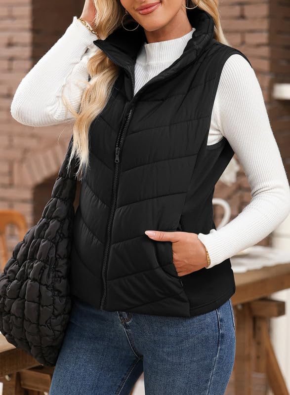 Nonaira | Hot Sale-Womens Sleeveless Zip Up Outerwear Stand Collar Quilted Puffer Vest