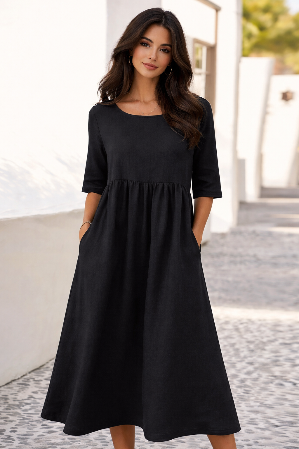 Charlotte™ - Cotton Dress with Round Neck and Pockets