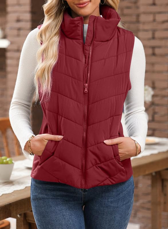 Nonaira | Hot Sale-Womens Sleeveless Zip Up Outerwear Stand Collar Quilted Puffer Vest