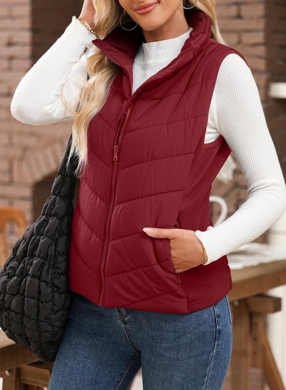 Nonaira | Hot Sale-Womens Sleeveless Zip Up Outerwear Stand Collar Quilted Puffer Vest