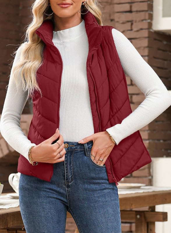 Nonaira | Hot Sale-Womens Sleeveless Zip Up Outerwear Stand Collar Quilted Puffer Vest