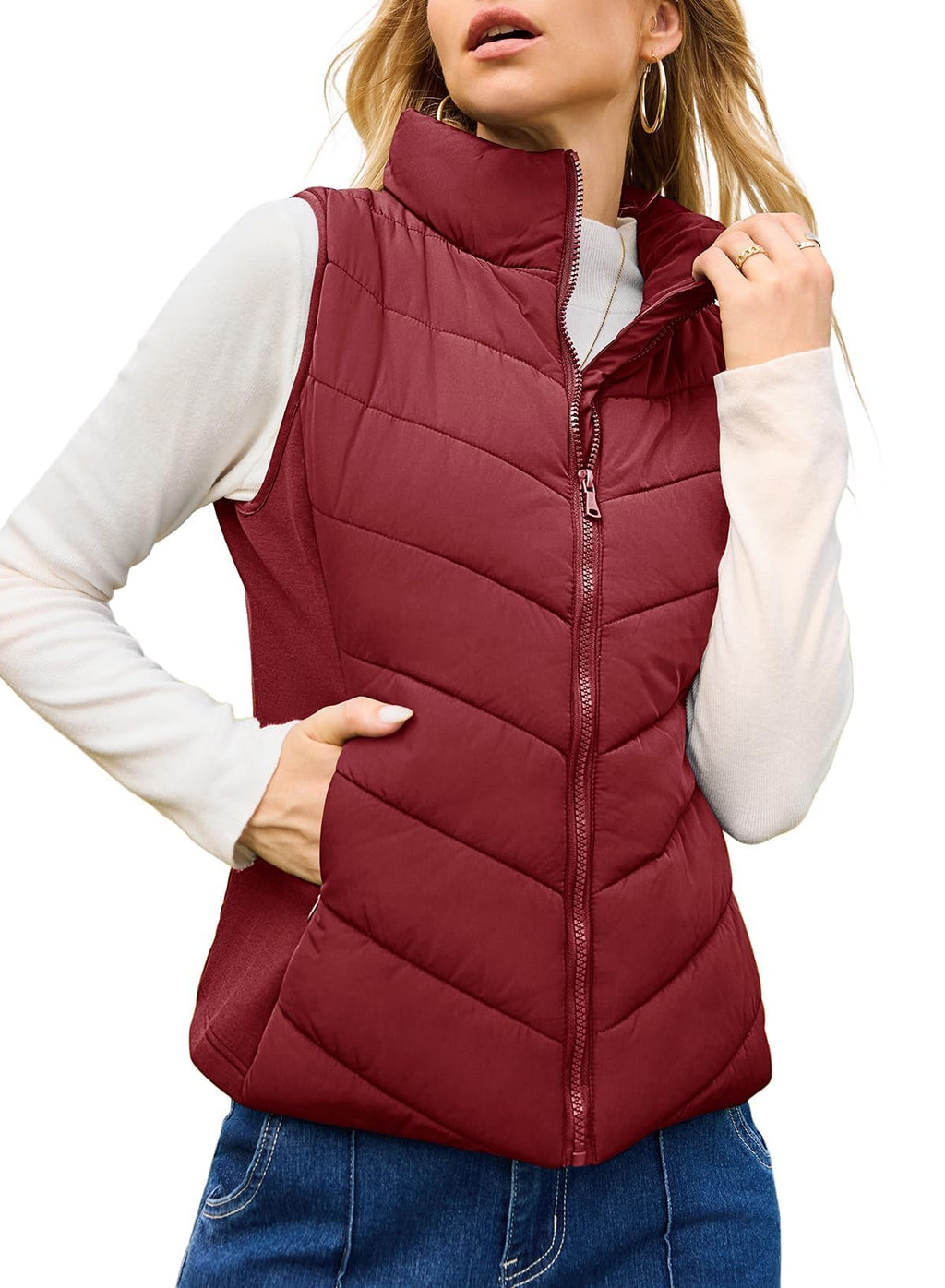 Nonaira | Hot Sale-Womens Sleeveless Zip Up Outerwear Stand Collar Quilted Puffer Vest